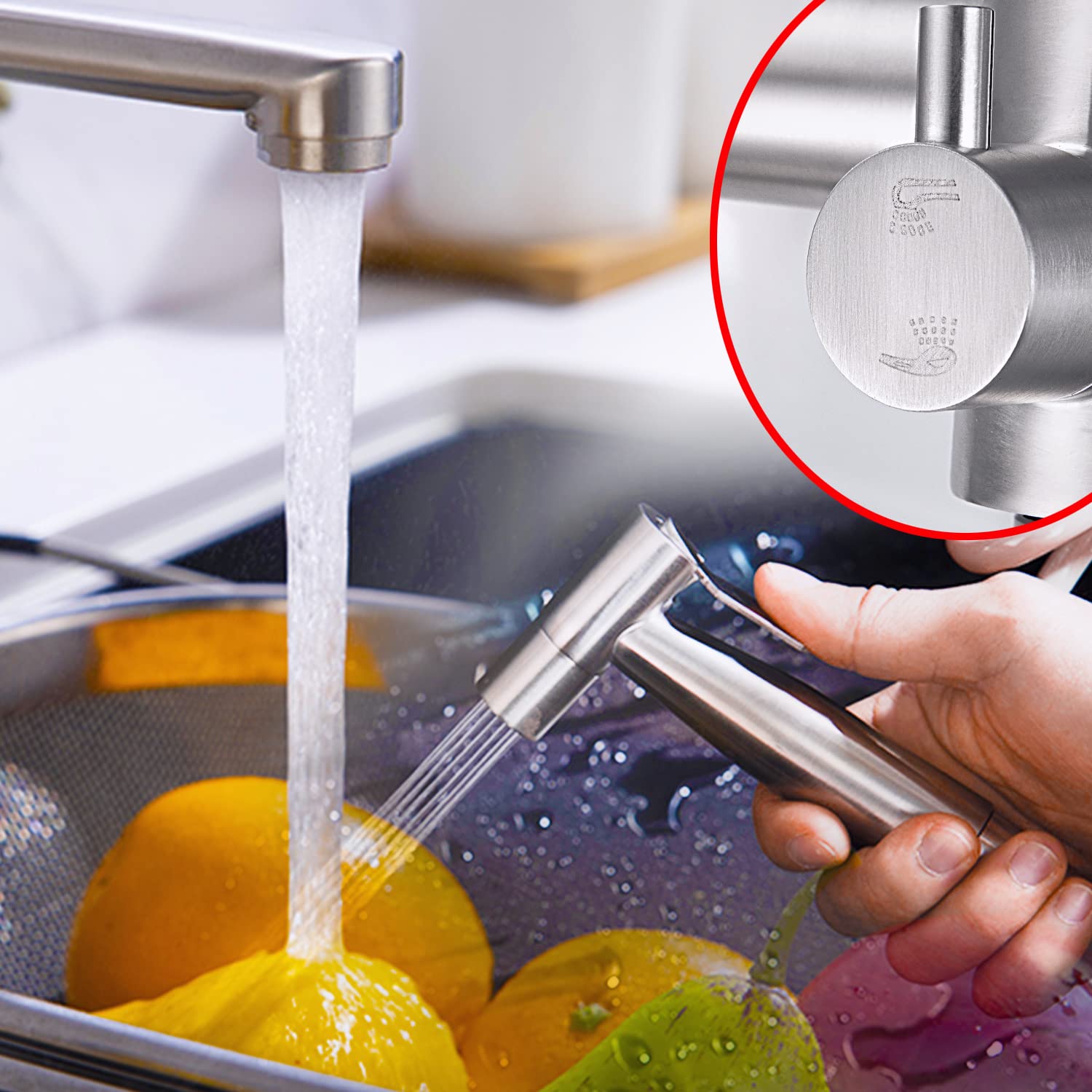 FLWUEUE Wall Mount Kitchen Sink Faucet 8 Inch Center, Commercial Faucet, Brushed Nickle Mixer Tap, Laundry Utility Sink Faucet with Side Sprayer, No Drilling Required, Reach Spout 7.1"