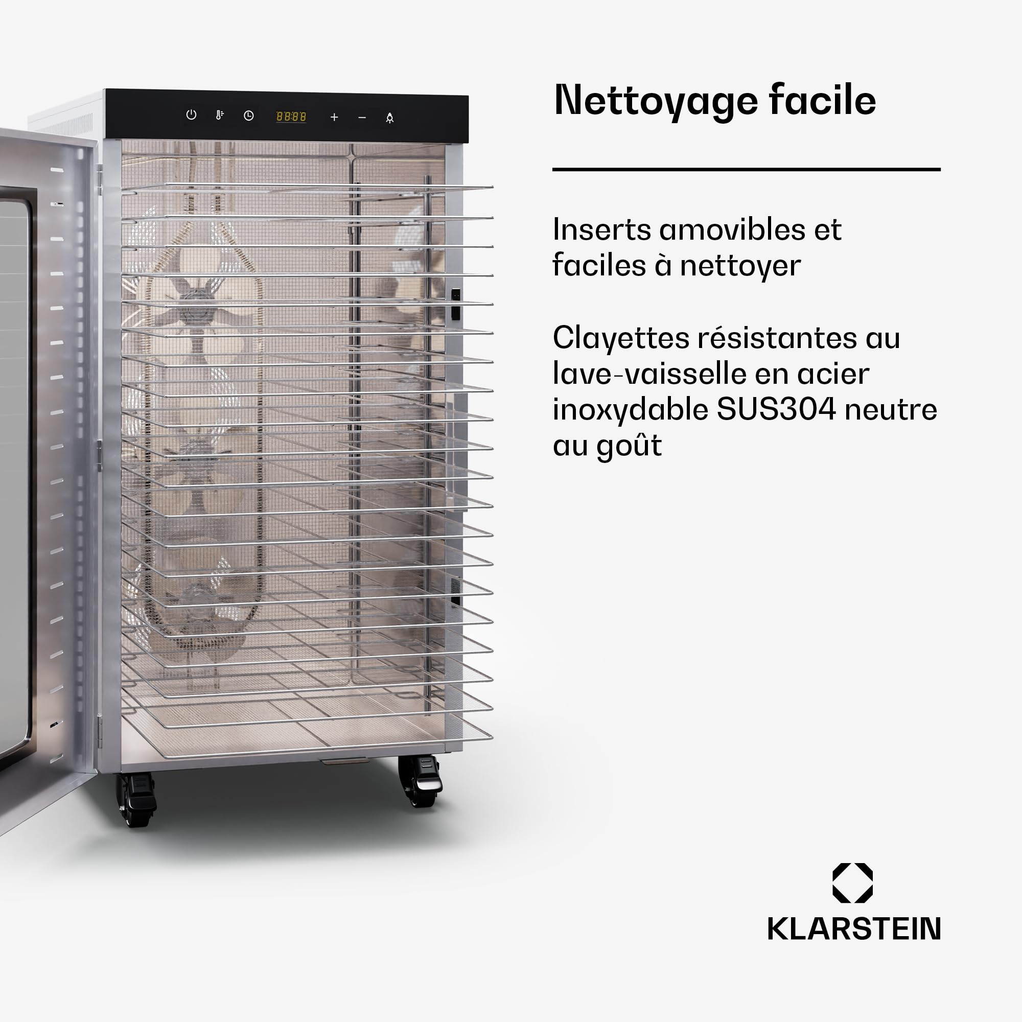 Klarstein Deshidratador De Alimentos, 2000W, 20 Bandejas Acero Inoxidable, 30-90 °C, Temporizador 24h, 3 Ventiladores, 50-55 dB, Ideal Para Frutas, Verduras, Carne y Hierbas, Plateado