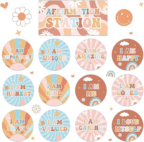 Miniatura 9 de Affirmation Station - Juego de tablones de anuncios de composición positiva para el aula, mentalidad de crecimiento, decoración de lunares y rayas,