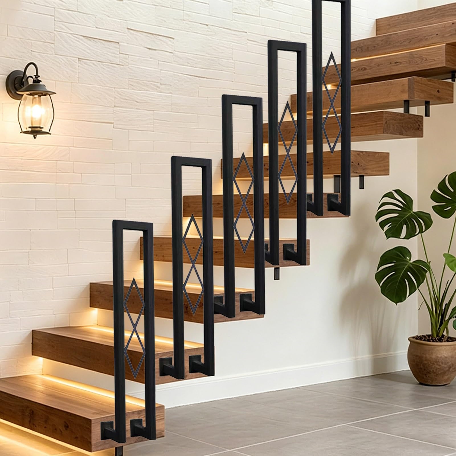 Front Porch Hand Rail Wrought Iron Handrails for Outside Steps Or Indoor Stair Railings Kit, U-Shaped Stair Handrail Guardrail Safety Support Posts - White/Black(Black,95cm(2.1ft))