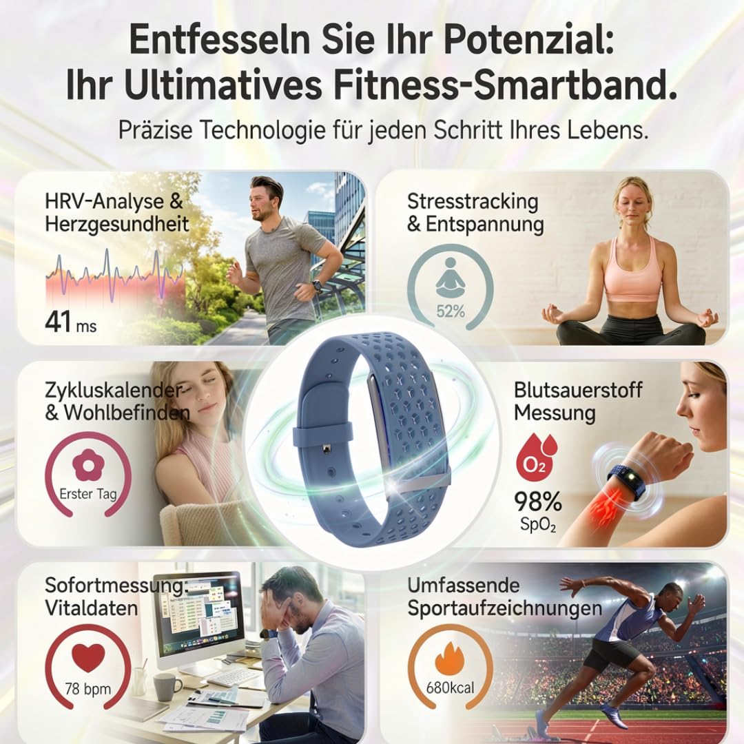 Smartband Fitness Tracker Premium (ohne Display) | Inkl. 2 Armbänder | Schrittzähler, Puls & Schlaf etc. | 20 Tage Akku, IP68 Wasserdicht | Damen & Herren | Android & iOS