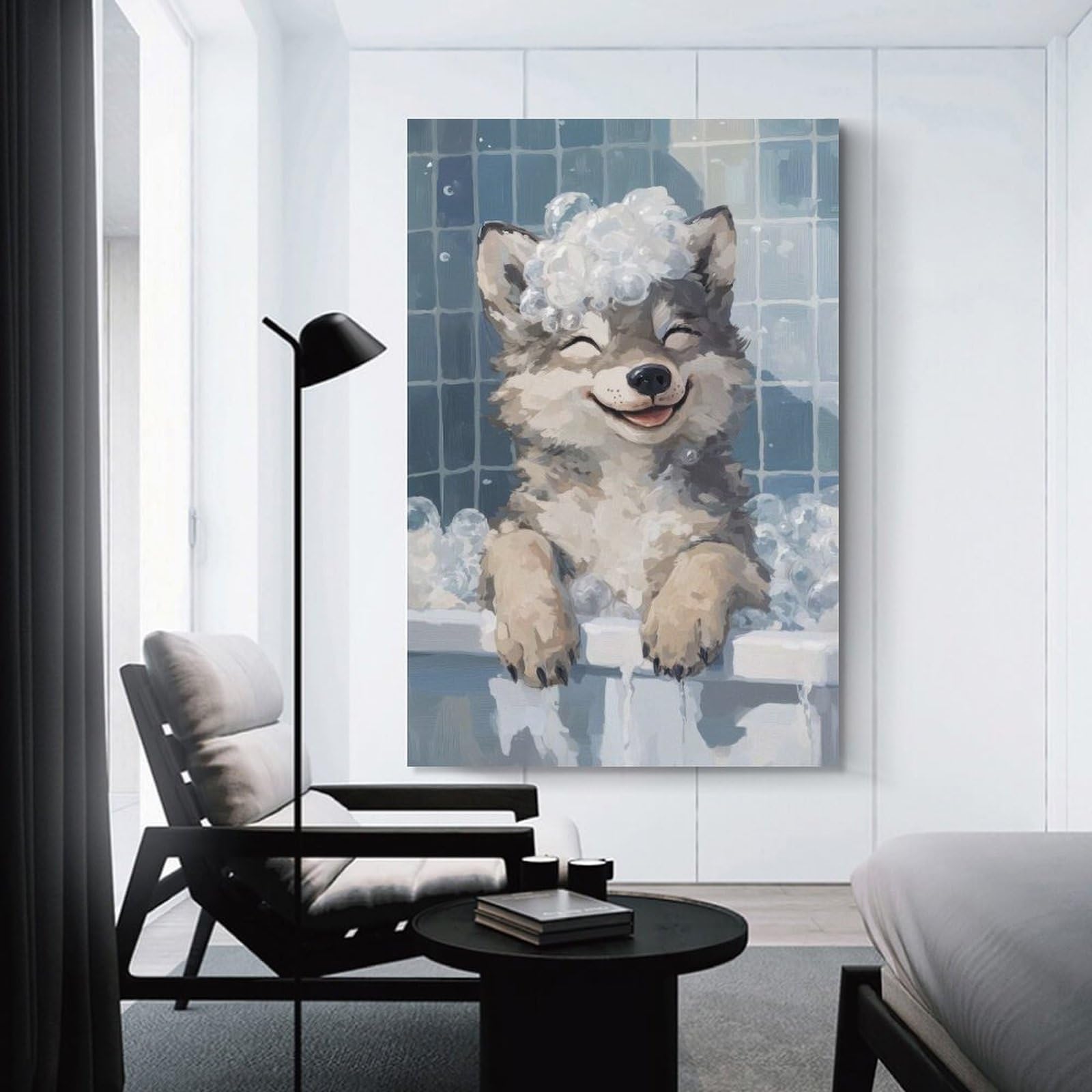 Junmoney Unframe-Style-16 Wolf Pup Bath Time Wall Picture Print 16X24inch(40X60cm), For Lounge Decor, Offices Or Entryway Styling, Versatile Wall Decor For Many Rooms