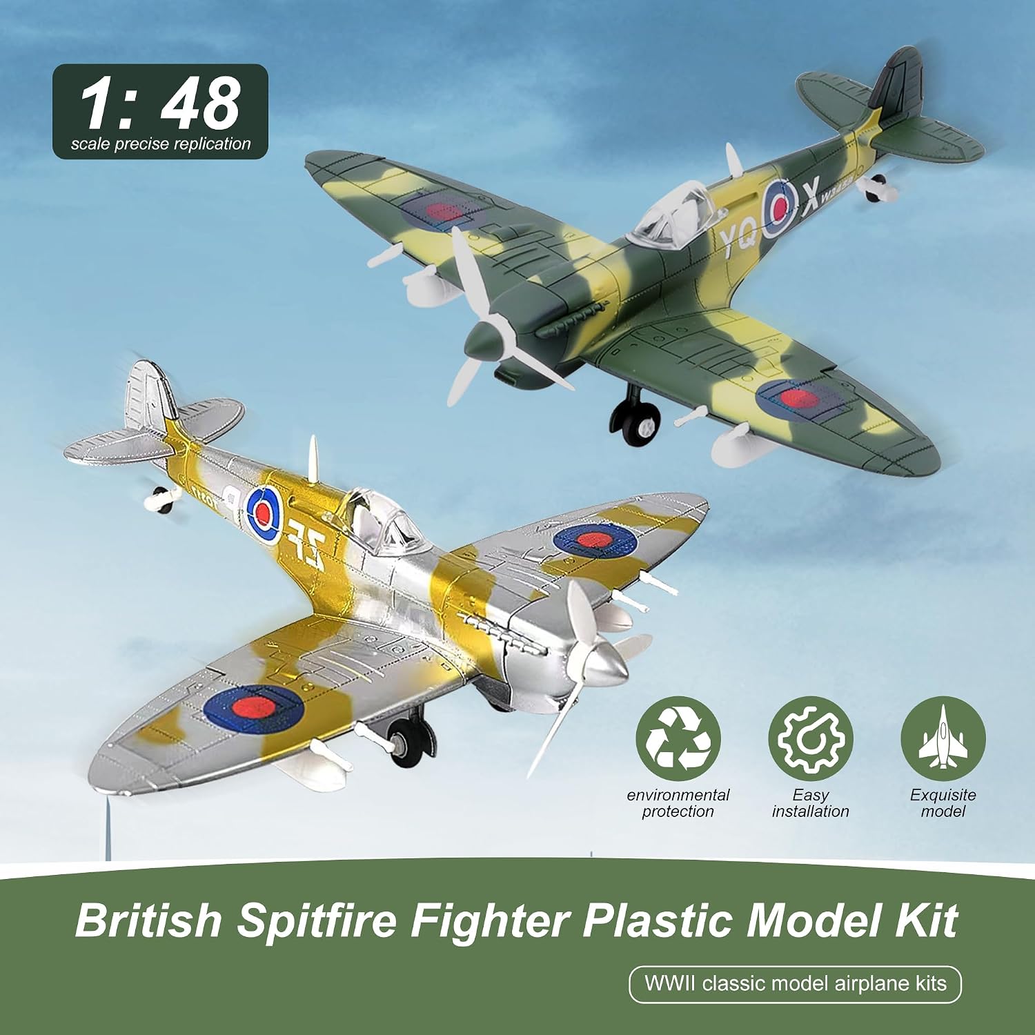gzpynsgaoh British Spitfire Fighter Plastic Model Kit – 1:48 Scale, WWII Classic Aircraft Display Model for Adult Collectors, Snap-Fit Assembly Airplane Kit. (Olive Green)