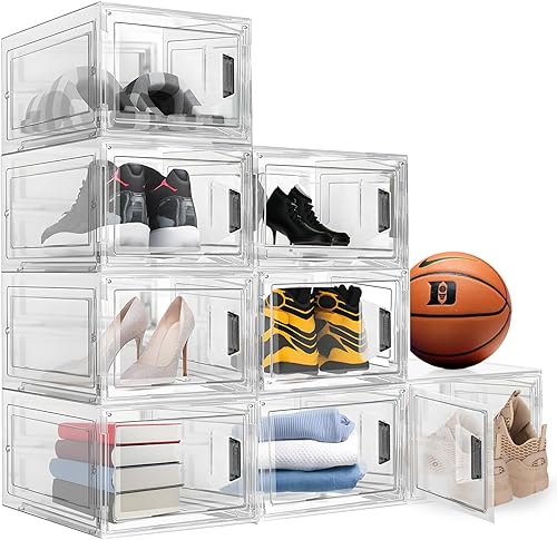 Paquete de 8 cajas apilables para zapatos, organizador de zapatos de plástico transparente mejorado con puerta magnética y asa para zapatos de