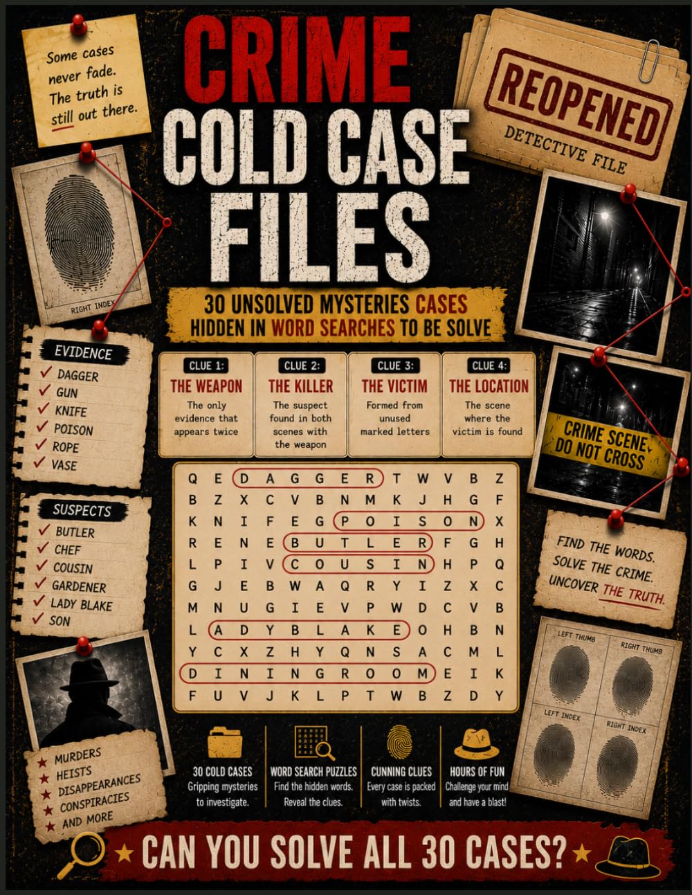 Crime Cold Case Files: 30 Unsolved Mysteries Cases Hidden in Word Searches To Be Solve (Detective Puzzle Series)