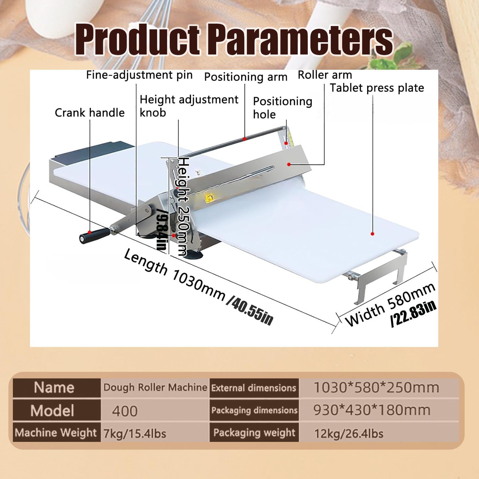 Sfogliatrice Pasticceria Manuale Pieghevole per Panetteria,Pizza,Croissant,Rullo per Pasta in Acciaio Inossidabile Con Spessore Regolabile 0,5-27 Mm,Per Commerciale E Domestico B400