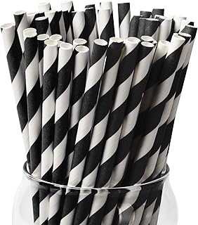 [100 Pack] Black Paper Straws, Biodegradable Black and White Stripe Pape...