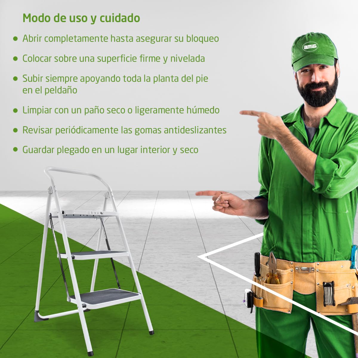 Amig - Escalera Plegable - Taburete de Acero con 3 Peldaños Antideslizantes – Medidas: 72 x 65 x 101 cm - 150 kg - Acabado Blanco con Protectores Negros – para Uso Profesional y Doméstico