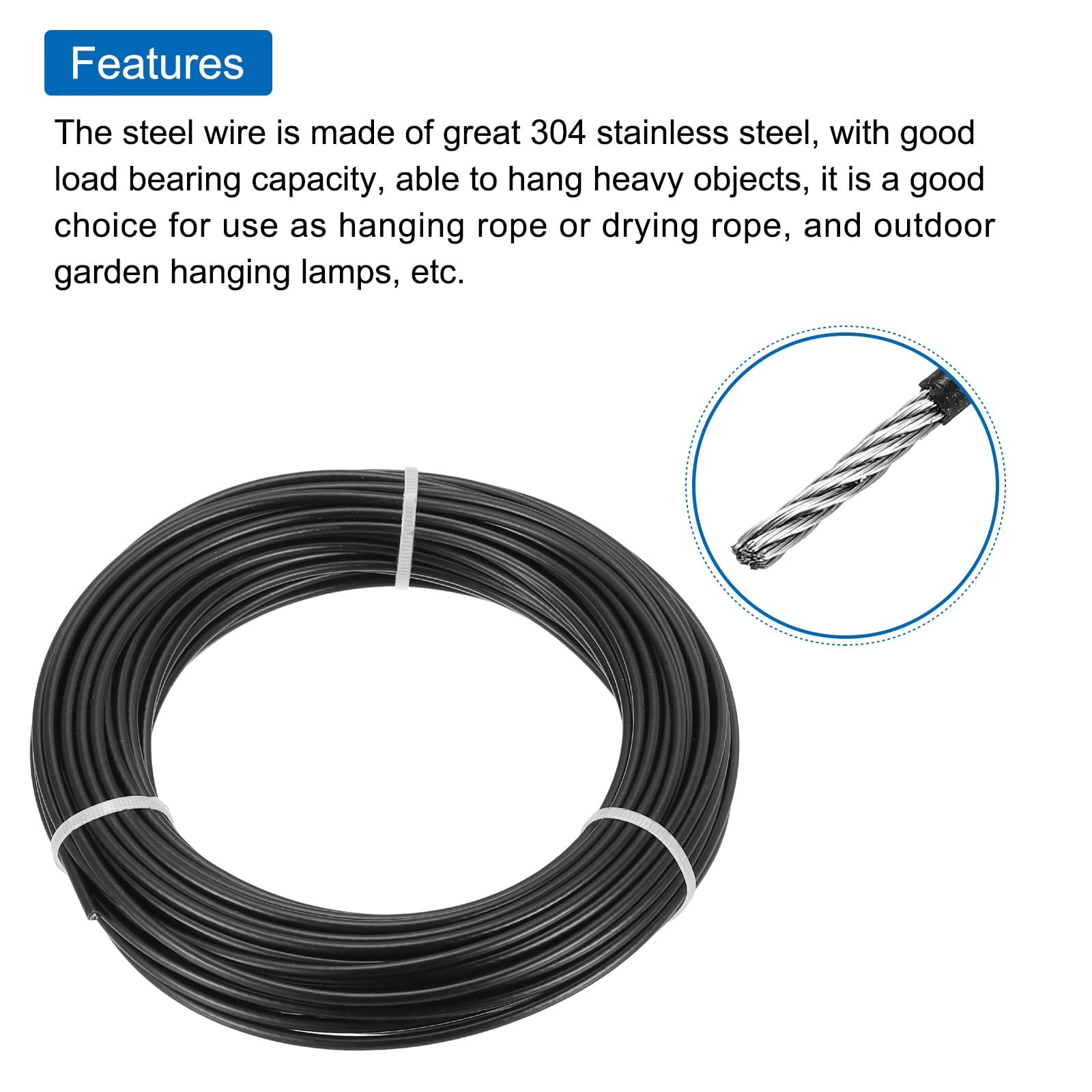 QUARKZMAN 66ft Cavo In Acciaio Inossidabile 304, 4mm Rivestito In Vinile Con 8 Pezzi Di Ghise In Alluminio E Girella Per Ringhiere, Pavimentazioni, Appendere, Stendibiancheria, Nero 20m