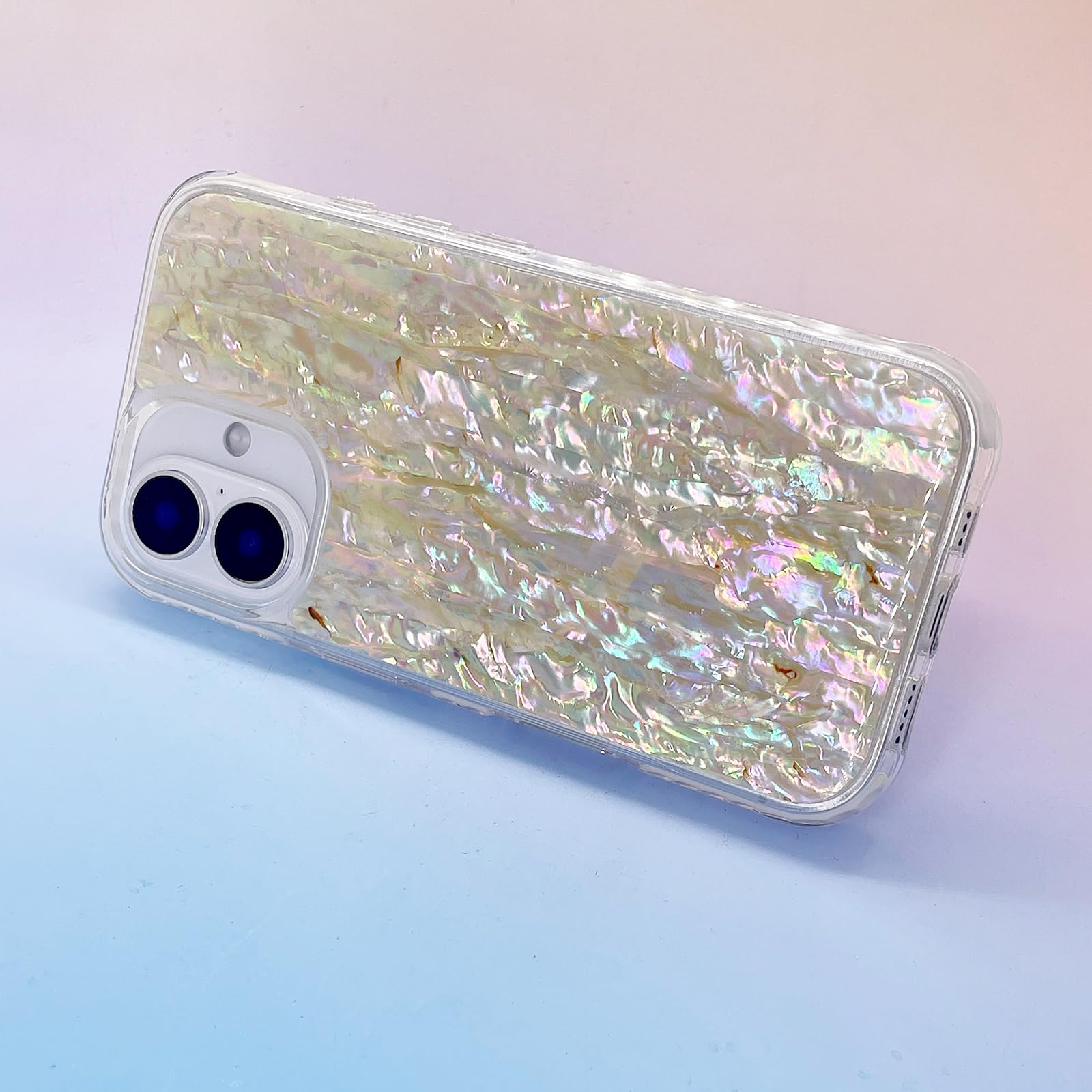 Funda magnética para iPhone 16 de 6.1 pulgadas, compatible con MagSafe Charging Bling Shiny Real Seashell Pattern Protective Cute Cover (perla translúcida iridiscente)