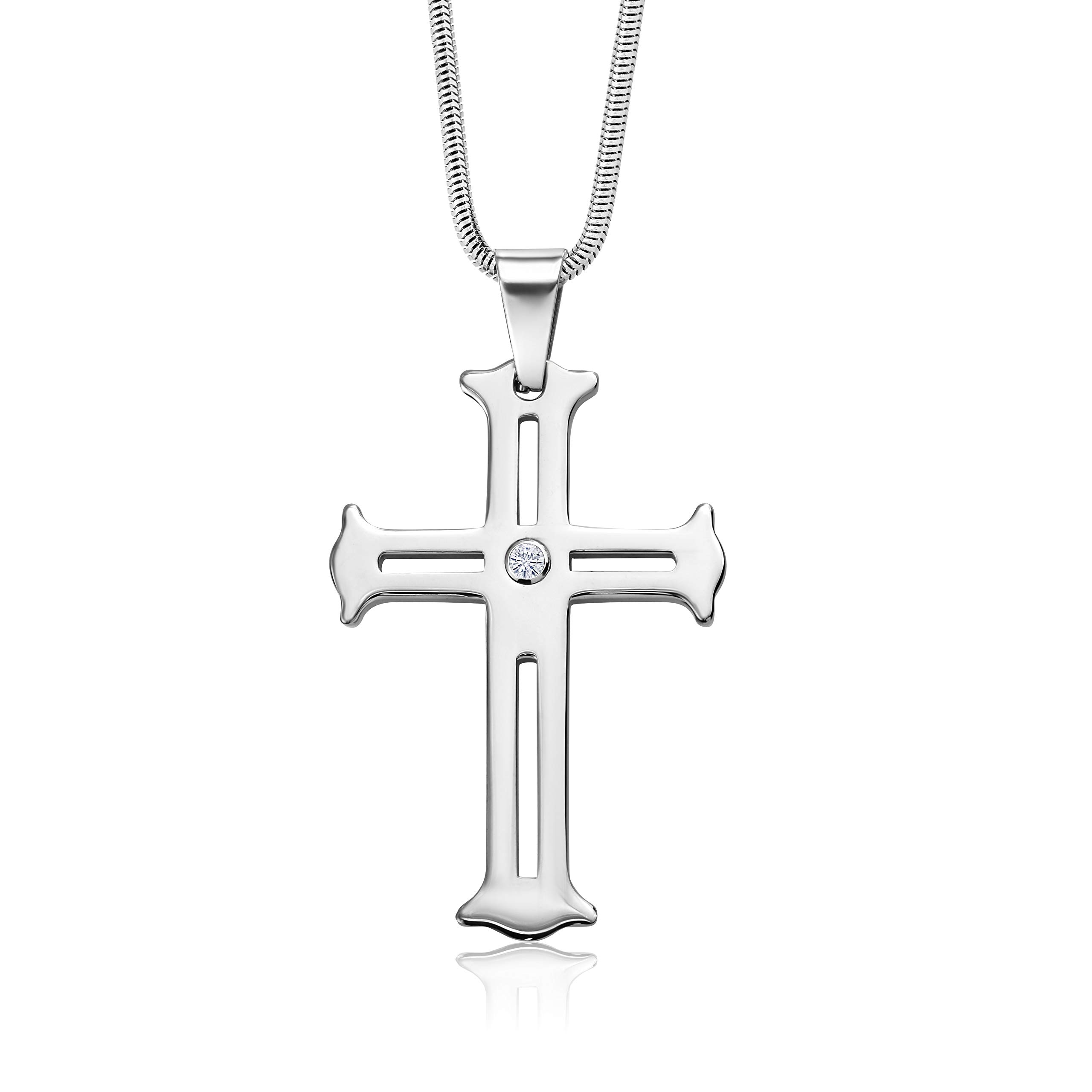 Gem Stone KingMen's Scratch-Proof Tungsten Carbide Religious Cross Pendant Necklace For Men with White Lab Grown Diamonds on Stainless Steel Chain | G-H Color | VS2-SI1 Clarity