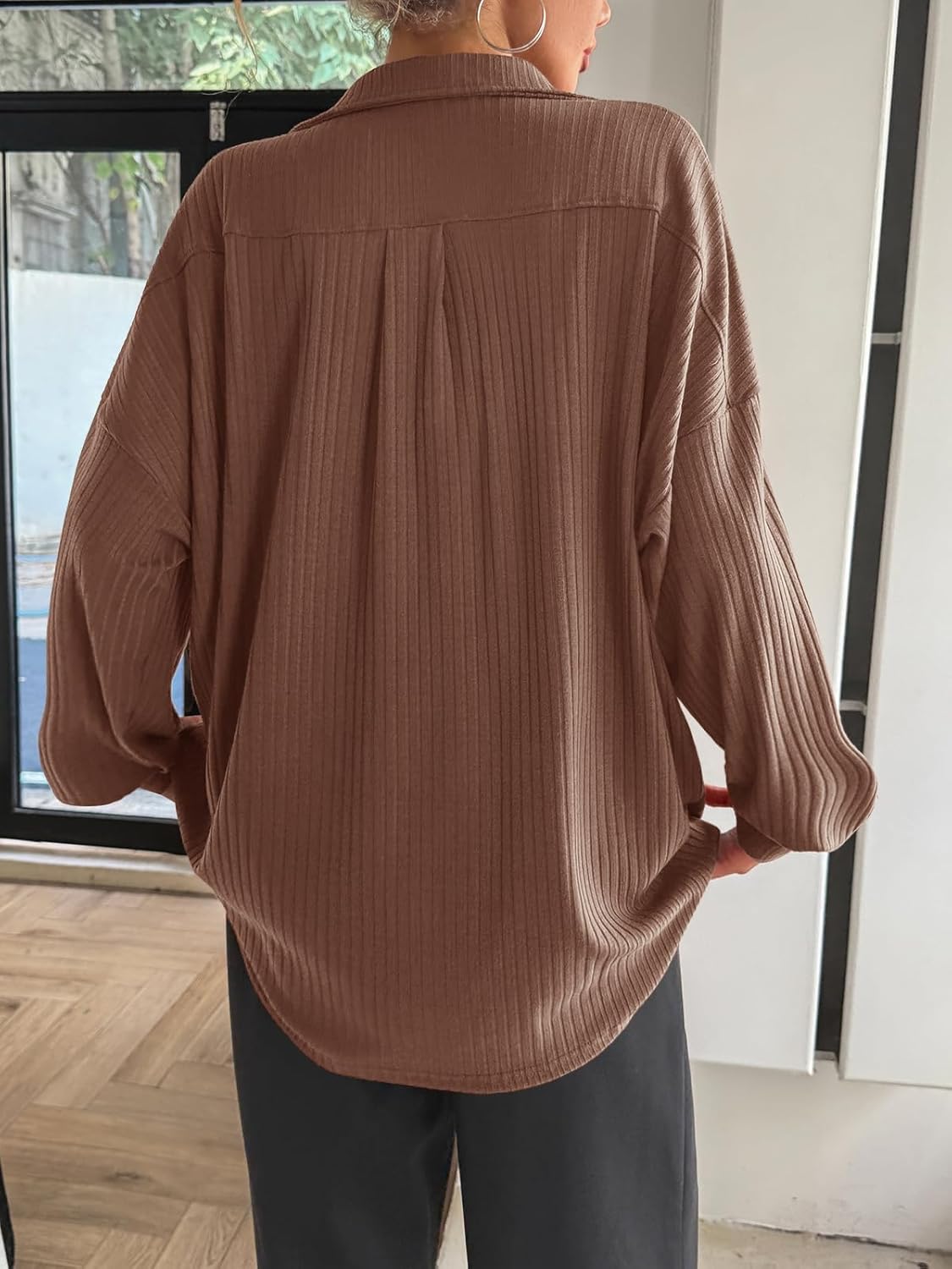 Fisoew Womens Oversized Deep V Neck Sweatshirts Casual Collared Long Sleeve Ribbed Knit Pullover Tops - Image 5