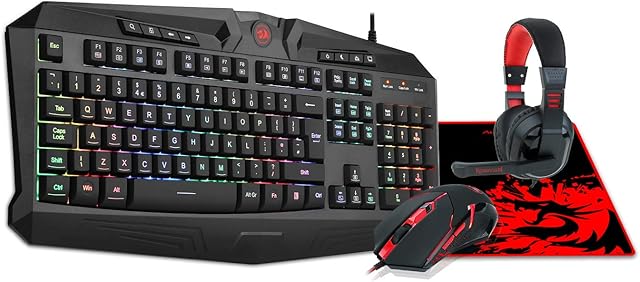 Redragon S101-UK Gaming Keyboard and Mouse, Plus Mouse Pad and Gaming Headset Combo Silent Quiet Wired Rainbow Backlit Keyboard Set for Computer PC Gaming (UK-Layout)