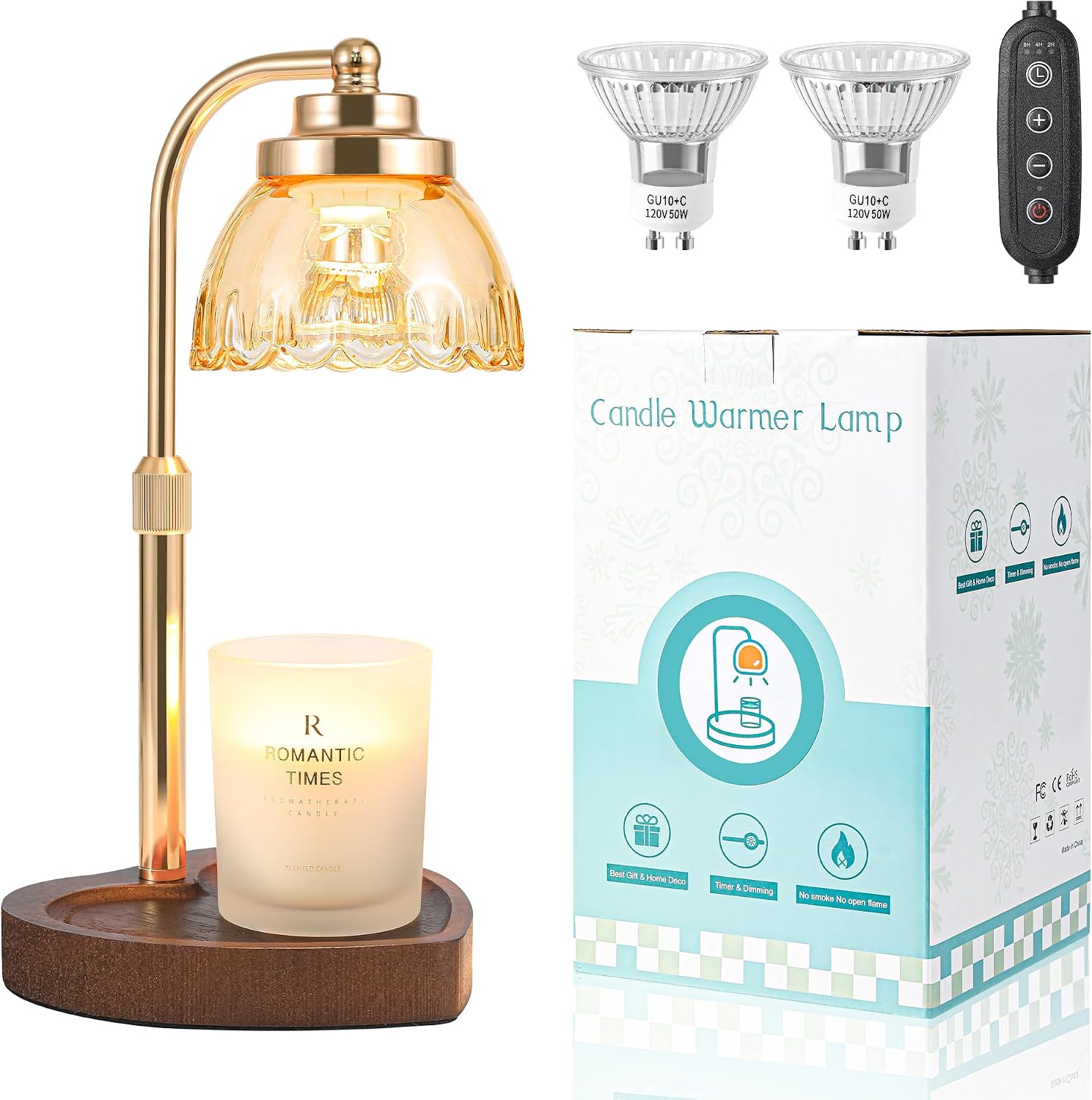 Candle Warmer Lamp, Adjustable Height Candle Lamp Warmer with Heart-Shaped Wooden Base, Vintage Glass Flower Shade, 2 Halogen Bulbs Included, Flameless Gift for Home Decor (Black)