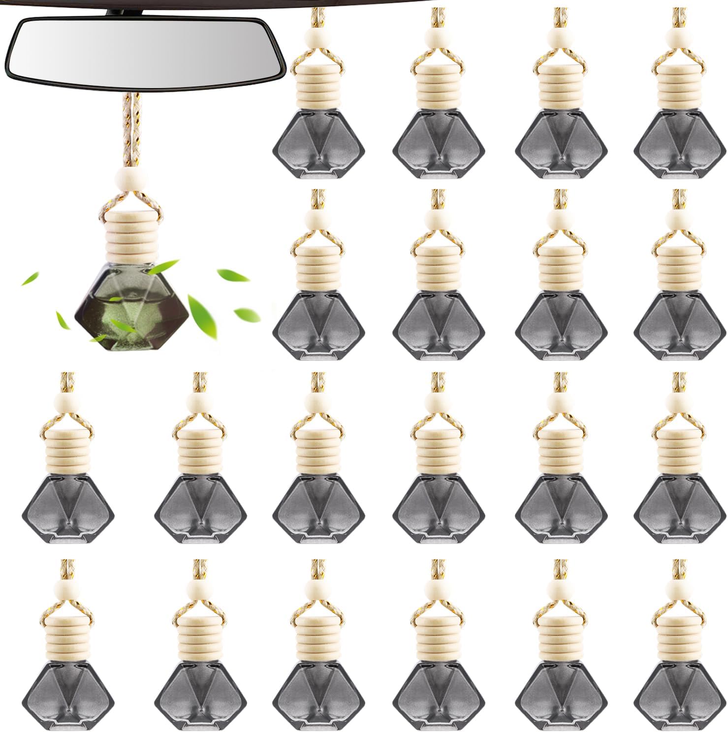 20 Pack Black Hanging Car Air Freshener Bottle Empty Car Essential Oil Diffuser Bottles Pendant Black Glass Perfume Bottles Aromatherapy Fragrance Bottle Auto Ornaments Decor (diamond)