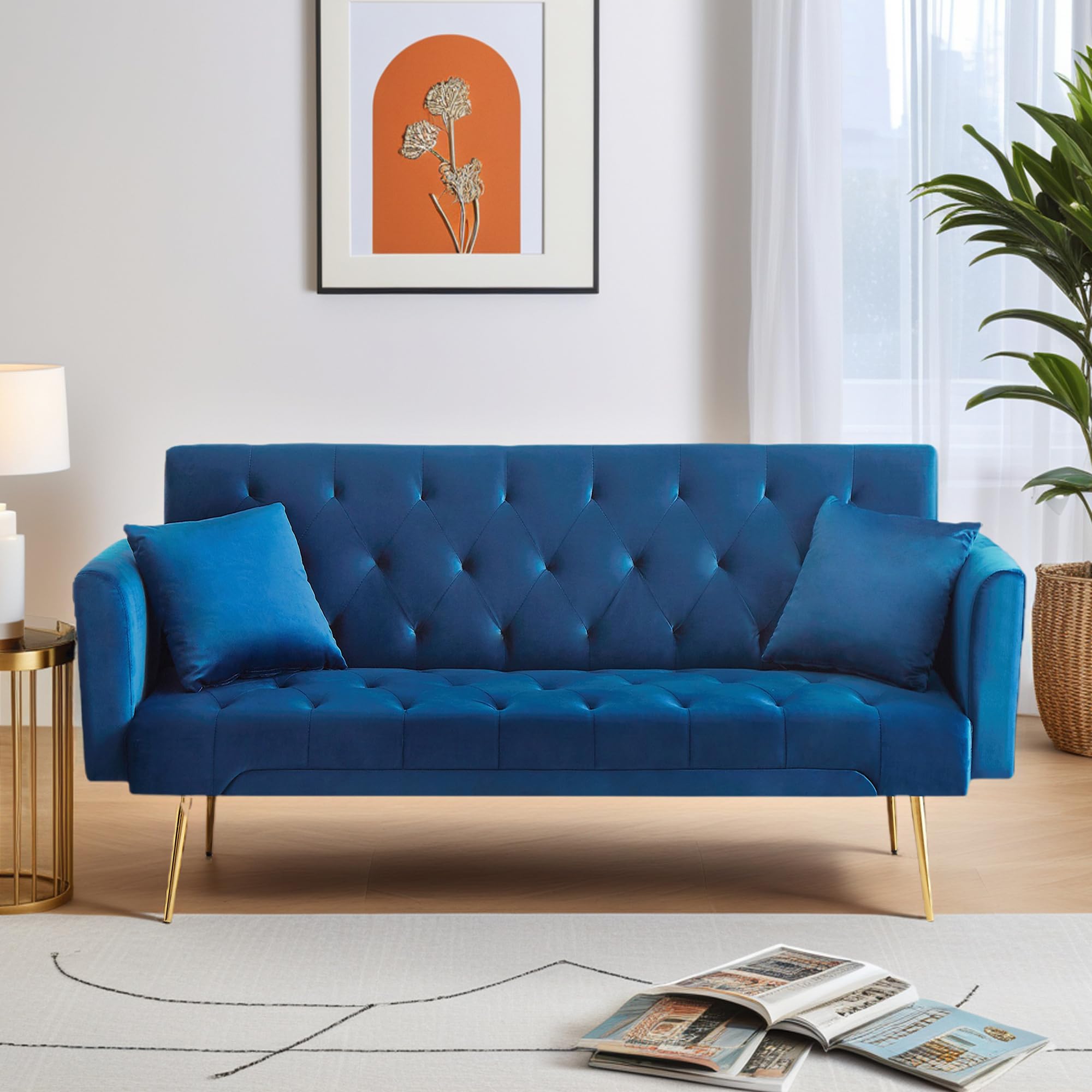 72"Modern Velvet Sofa Bed Futon,Convertible Folding Sleeper Bed Couches with 3 Adjustable Backrests,Tufted Recliner Love Seat with Golden Chrome Legs