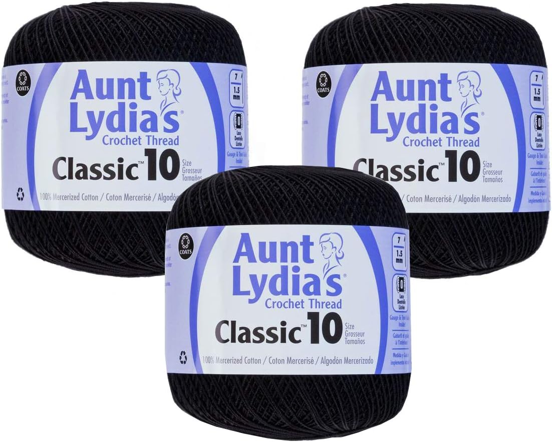 Aunt Lydia's Bulk Buy Crochet Cotton Classic Crochet Thread Size 10 (3-Pack) Black 154-12