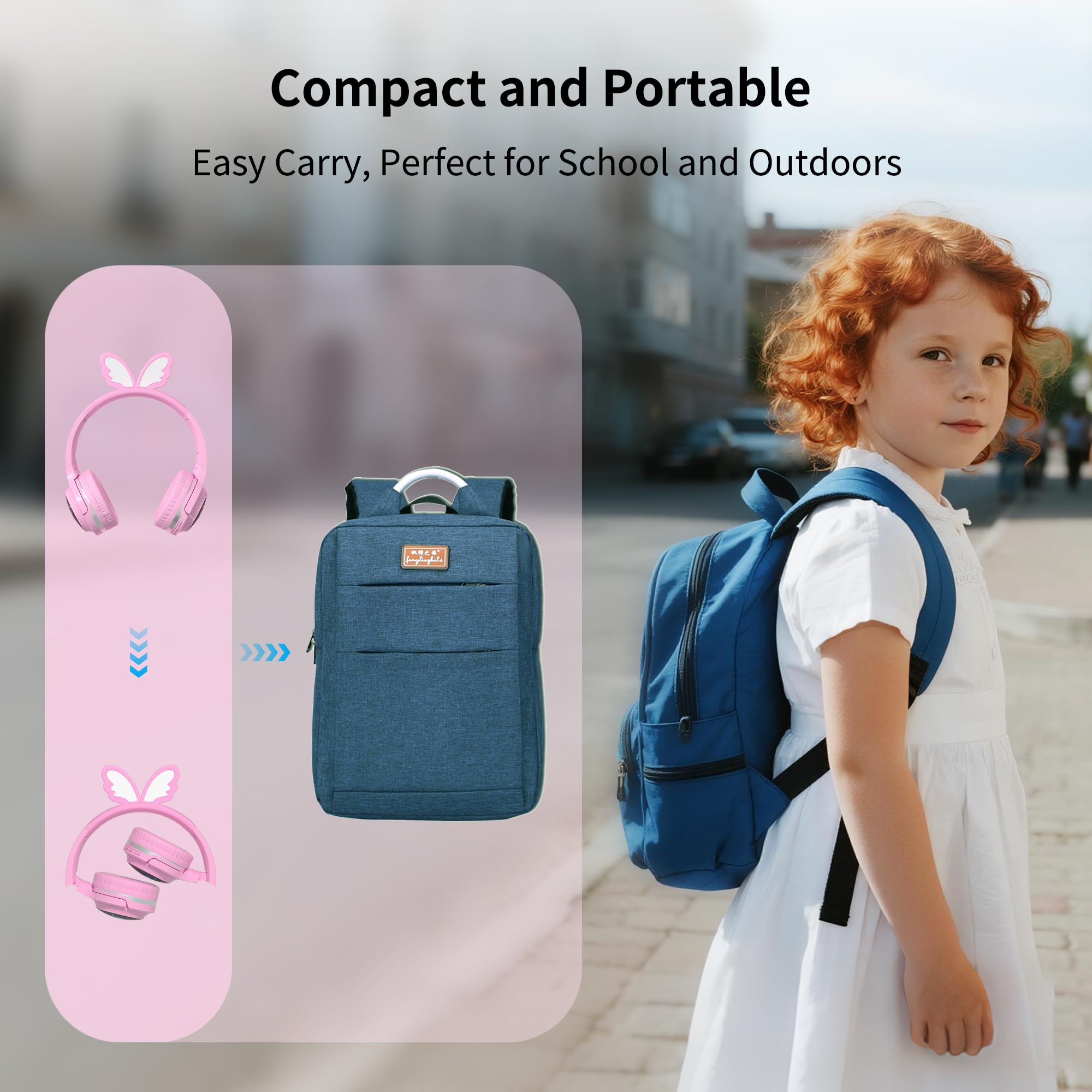 Cuffie wireless per bambini, volume limitato 85 dB, luci LED, batteria 40H, farfalla rosa