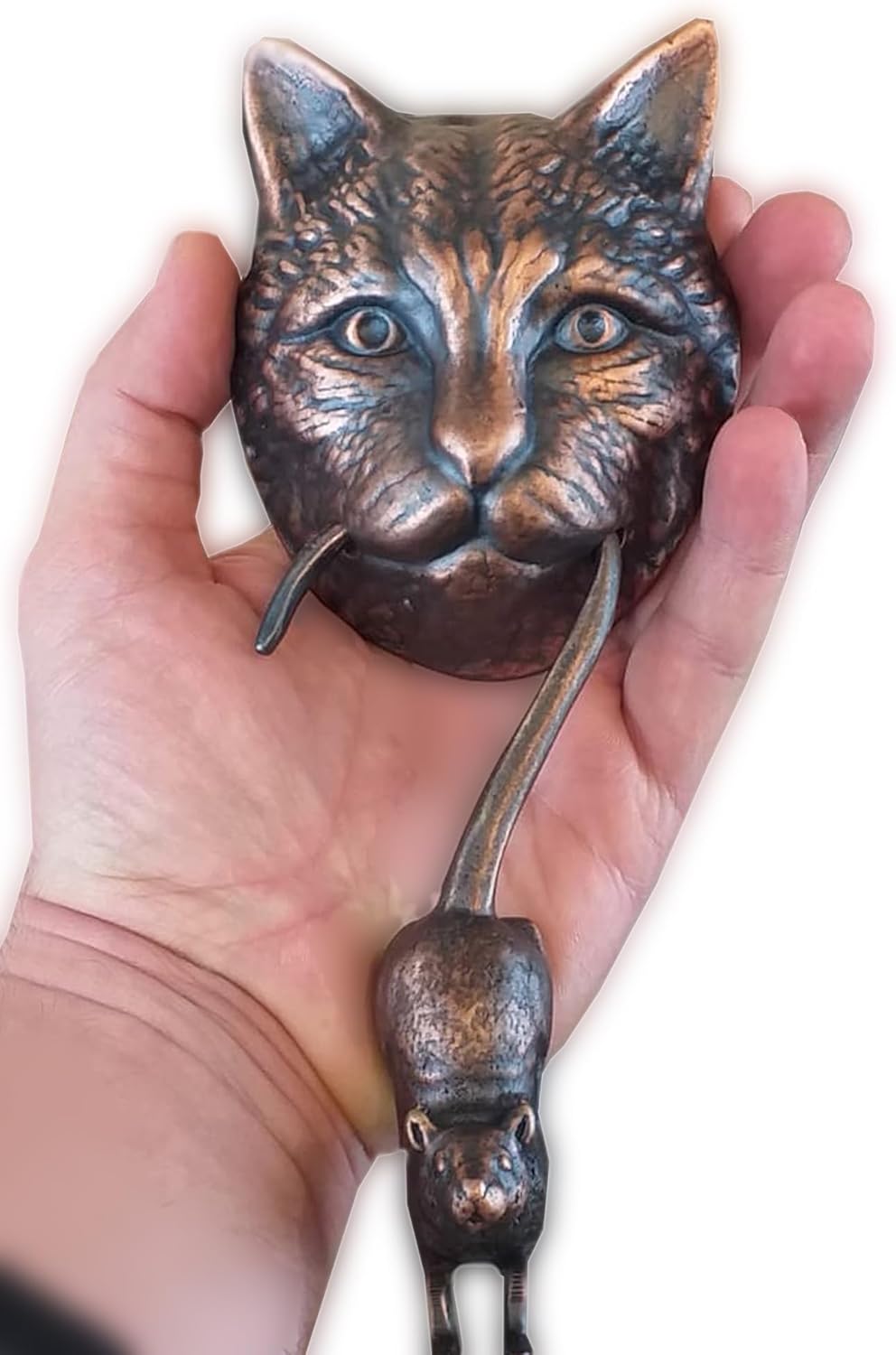 Cat and Mouse Door Knocker, Solid Brass, 8.7 inches, Front Door Ornament (Antique Bronze)
