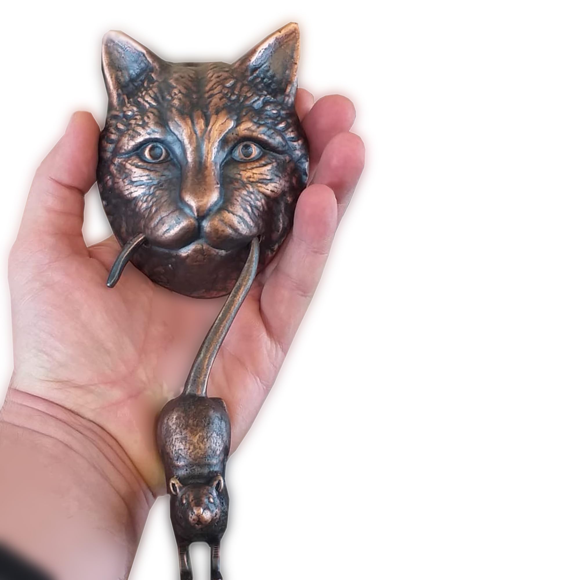 Anatolica Cat and Mouse Door Knocker, Solid Brass, 8.7 inches, Front Door Ornament (Antique Copper)