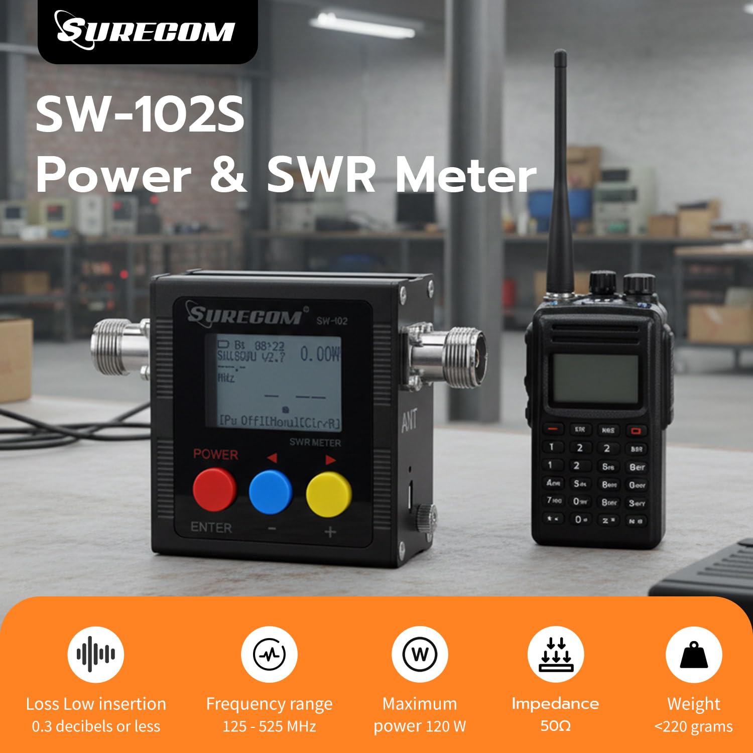 Surecom Gam3Gear SW-102S SO239 Connettore Digitale VHF UHF 125-525 MHz Potenza e SWR Meter