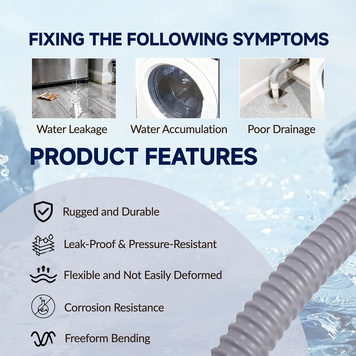 8FT Washer Drain Hose Kit with Clamp, Leak-Proof Flexible & Cut-to-Fit, Compatible with LG/Samsung/Whirlpool Washing Machines Dishwashers