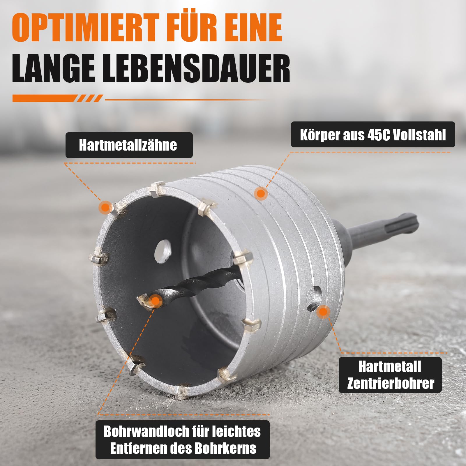 DAIMIT Kit de Trépan à Béton 32 Pièces avec 3 Mèches et Mandrin SDS Plus & Max, Ensemble de Trépans pour Perçage de Murs en Ciment, Briques et Pierre, Tailles du Kit 25 30 40 50 68 82 100 110 mm