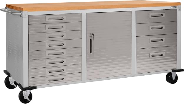 Seville Classics UltraHD Heavy Duty Rolling Cabinet Workbench Table w/Solid Wood Top, Workstation for Garage, Warehouse, Office, Workshop, 77" W x 20" D x 37.5" H, Granite, 12-Drawer