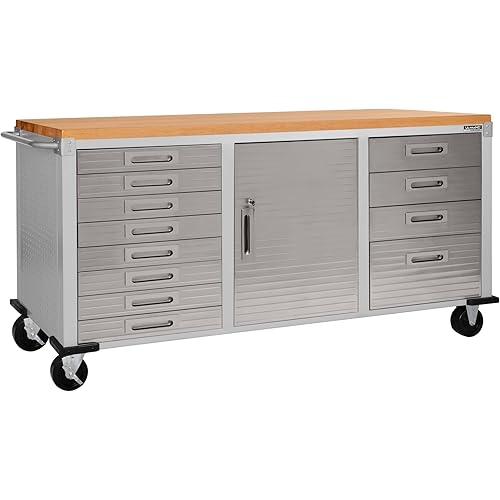 Seville Classics UltraHD Heavy Duty Rolling Cabinet Workbench Table w/Solid Wood Top, Workstation for Garage, Warehouse, Office, Workshop, 77" W x 20" D x 37.5" H, Granite, 12-Drawer