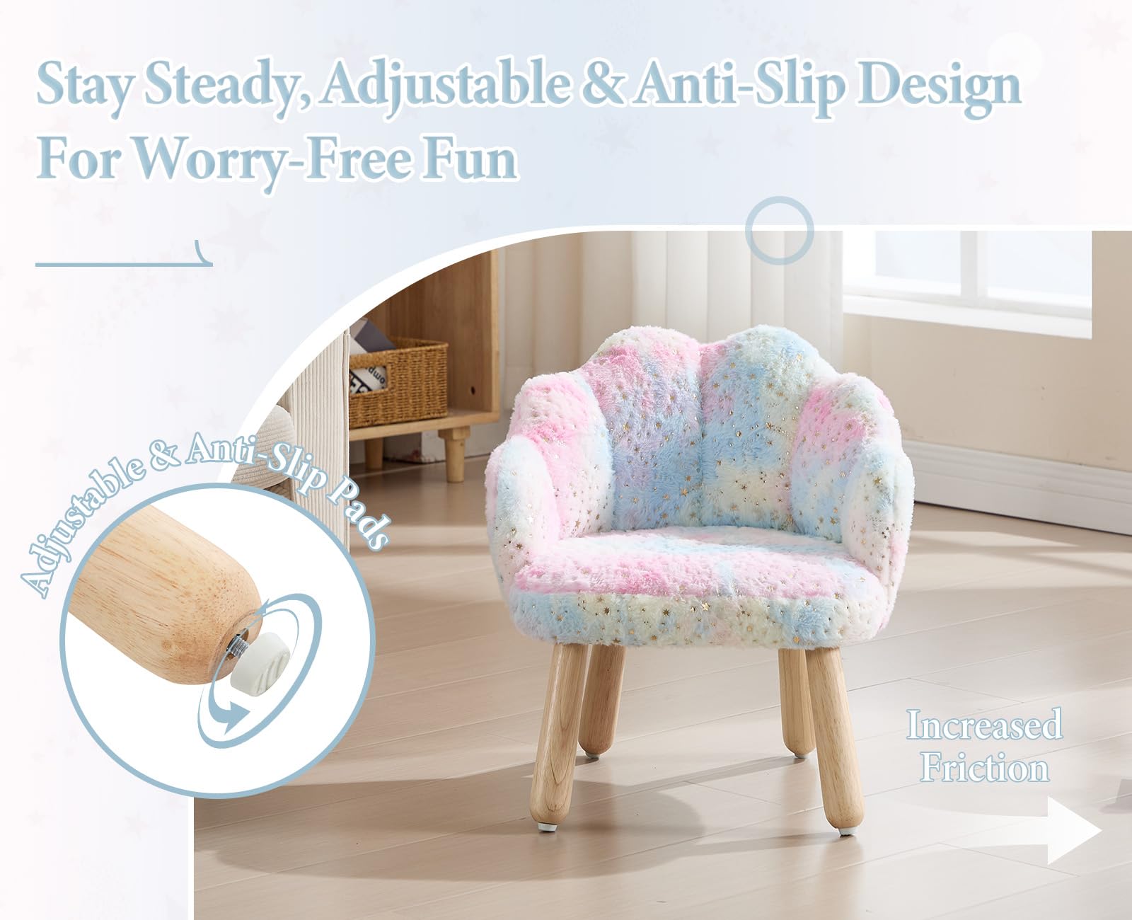 Petite Chaise Enfant Fausse Fourrure Fauteuil Fille Dossier Pétale Tabouret Pieds Bois Coloré