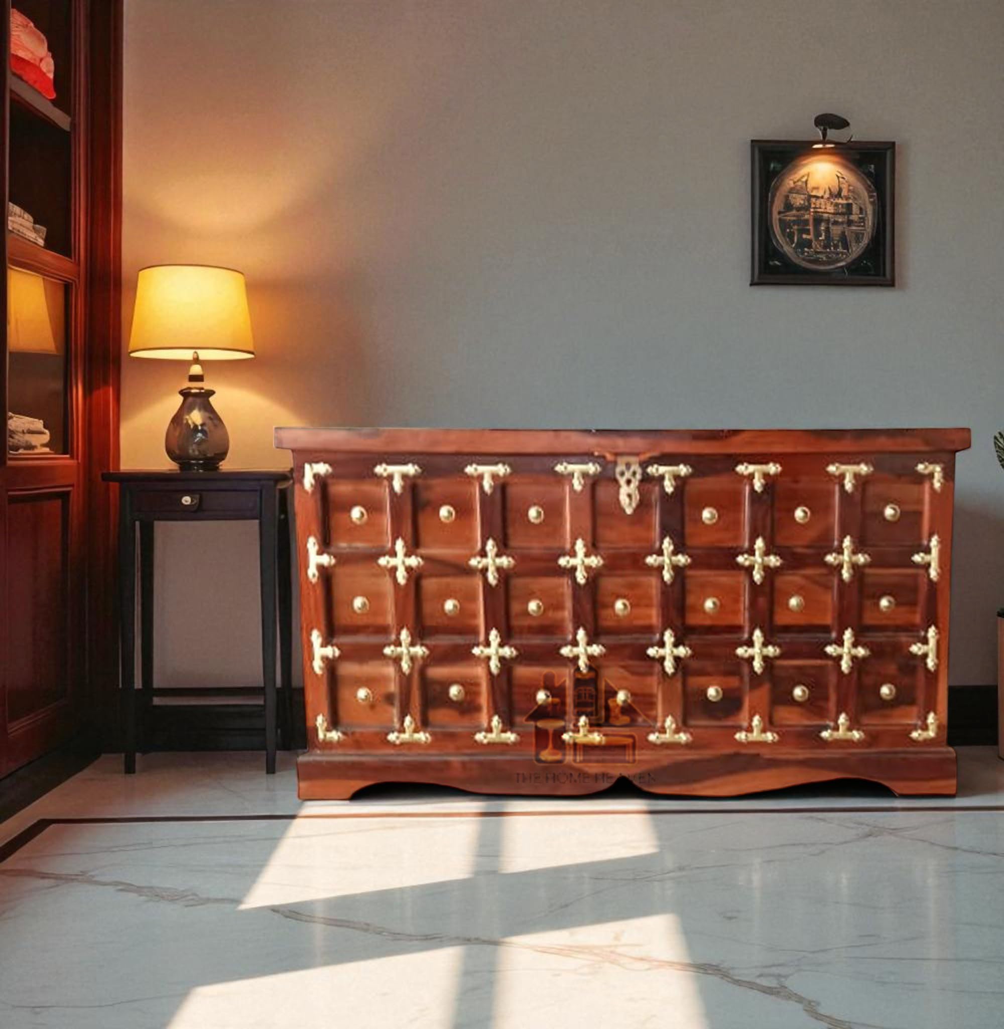 THE HOME HEAVEN INTERIOR Solid Sheesham Wooden Trunk Storage for Living Room | Traditional Designer Storage Box for Home | Trunk Cum Coffee Table with Storage (Light Walnut, L+T)-image-42