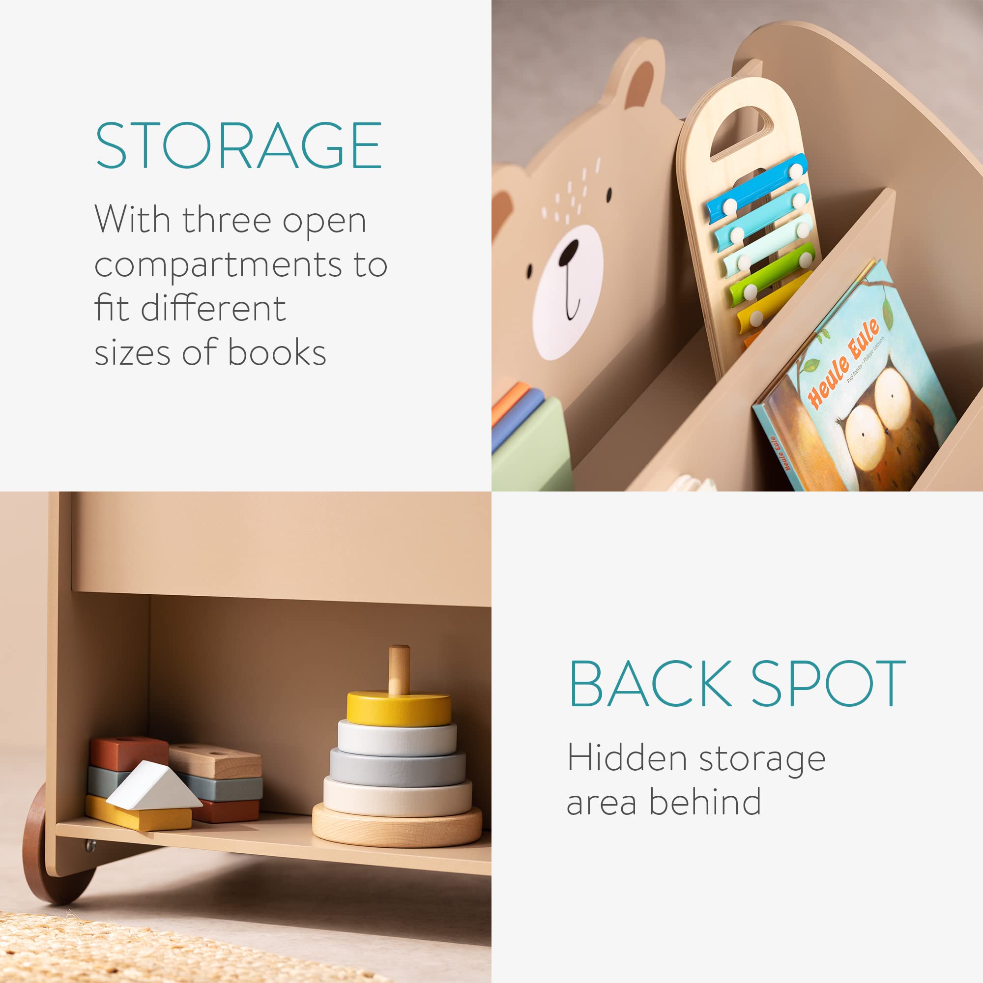 Navaris Bücherregal für Kinder - Kinderzimmer Regal für Bücher und Spielzeug aus Holz - 60 x 58 x 40 cm - Buchregal mit Rollen - Organizer Braun Bär