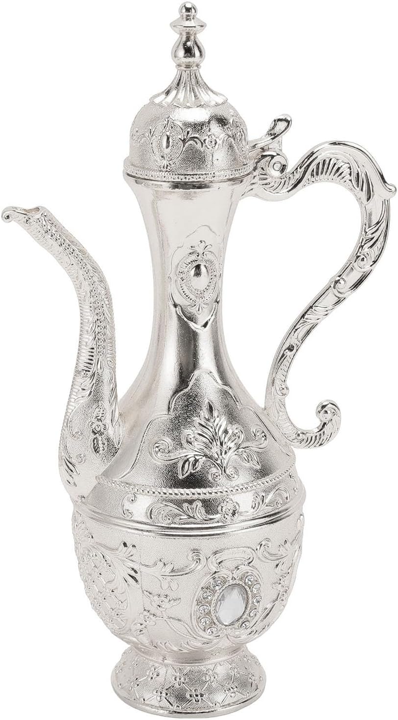 Alloy Wine Glass Pot Set, Vintage Coffee Tea Serving Set, Rustproof Zinc Alloy Cocktail Pitcher with 6 Glasses and Tray for Home Party Wedding Bar Decor (Silver White)