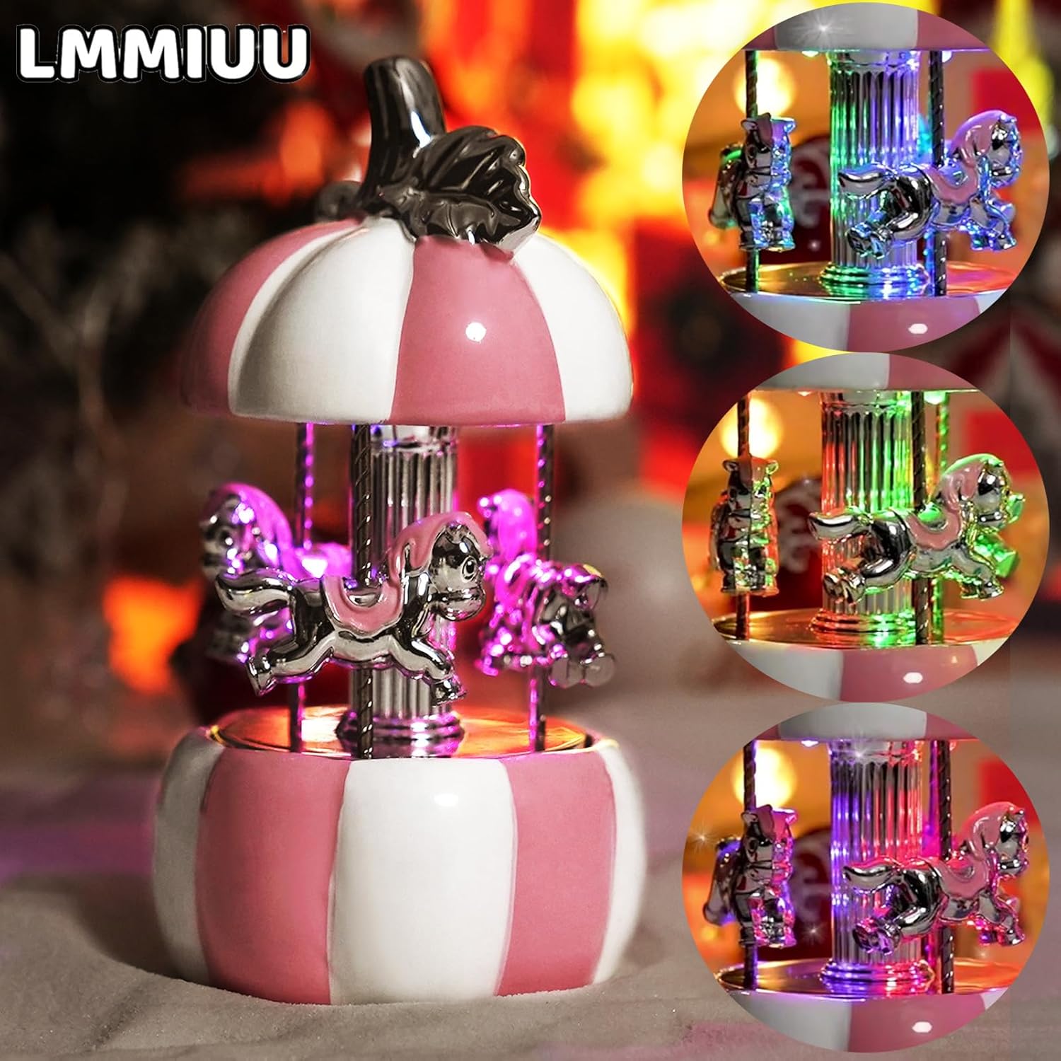 Carousel Music Box, Gift Wrapped Ceramic Musical Carousel Horse, Twinkling LED Light Carousel, Plays Twinkle Twinkle Little Star, Christmas, Birthday for Girls Boys (Pink&Blue Pumpkin)