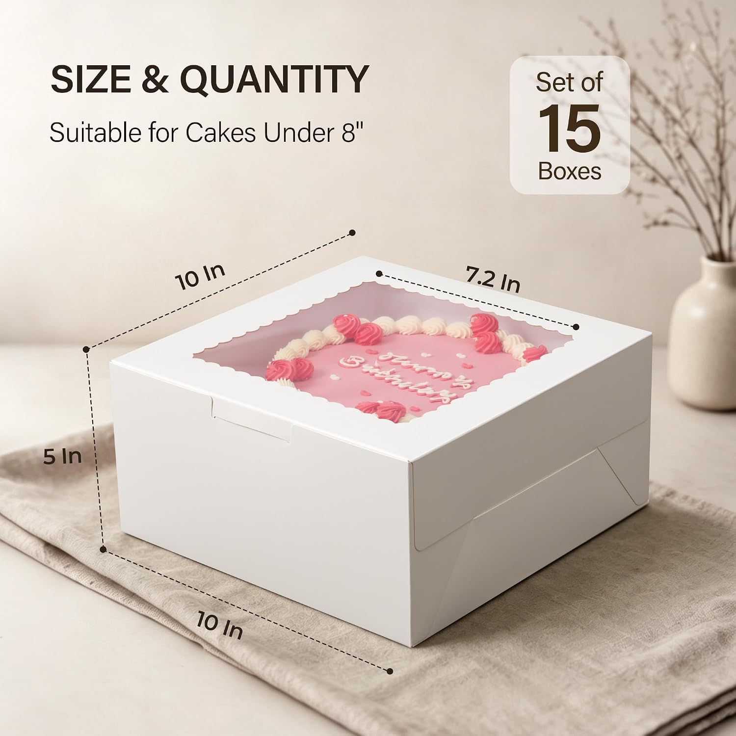Kootek 15PCs Cake Boxes 10 inch, Disposable Cake Carrier Storage Containers | 10x10x5 inches Cake Box, Stickers Included, White Cake Carrier Holder with Large Window, for Birthday, Wedding, Party