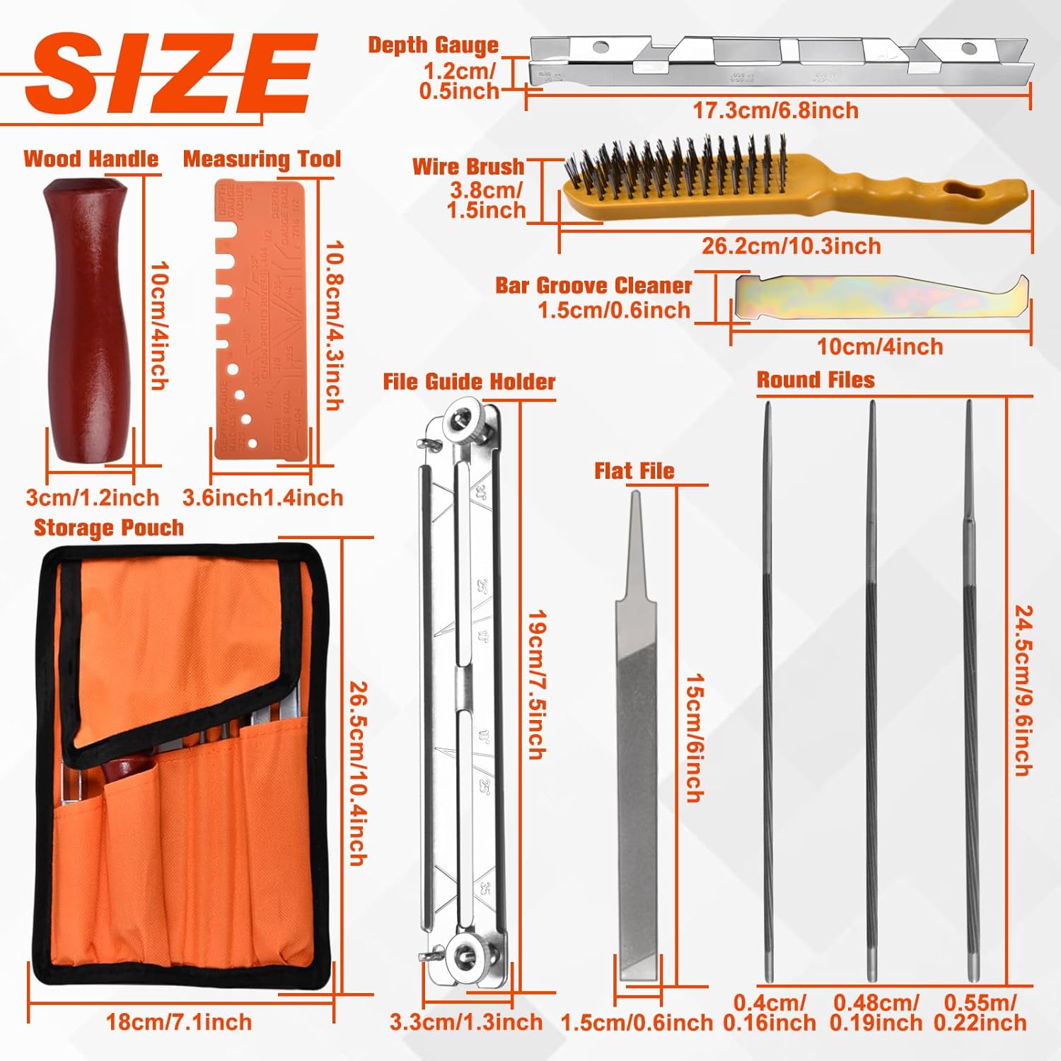 10 Pcs Chainsaw Sharpener File Kit, 5/32", 3/16", 7/32" Round Files, 6" Flat File, Wire Brush, Wood Handle, Depth Gauge, Quick Check Gauge, Filing Guide, Tool Pouch, Chain Saw Sharpener Tool