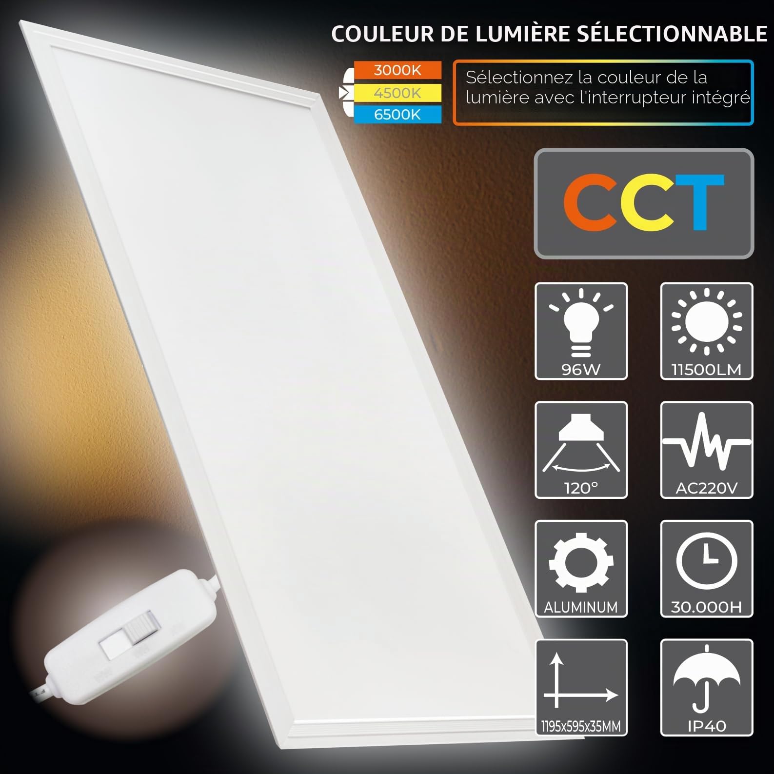 Panneau LED Encastrable 120x60cm 96W CCT 11500 Lumens Driver Inclus
