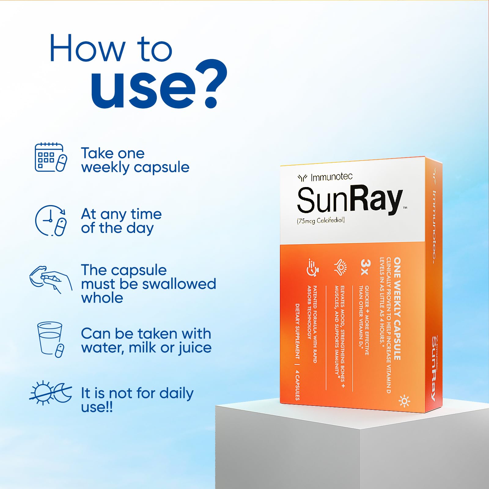Sunray® Calcifediol Vitamin D Supplement | Fast-Acting Once-Weekly Vitamin D | High Bioavailability 25-Hydroxyvitamin D | Immune, Mood, Bone & Muscle Support | 4 Capsules — Amazon image 3