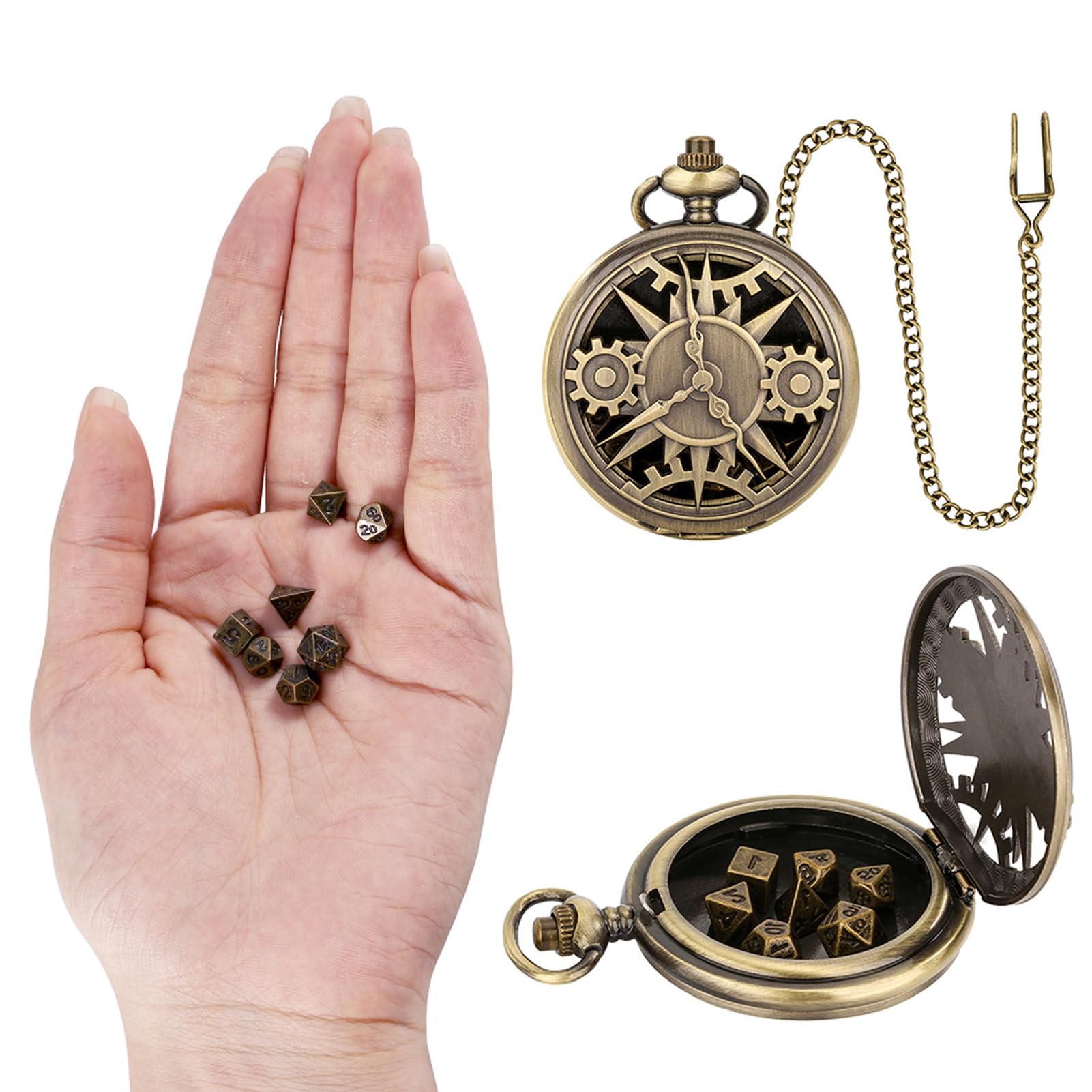 Juego de 7 dados DND, mini dados con carcasa de reloj de bolsillo lisa, juego de dados poliédricos para Dungeon y Dragons DND RPG MTG, juegos de mesa, juegos de rol (color bronce)