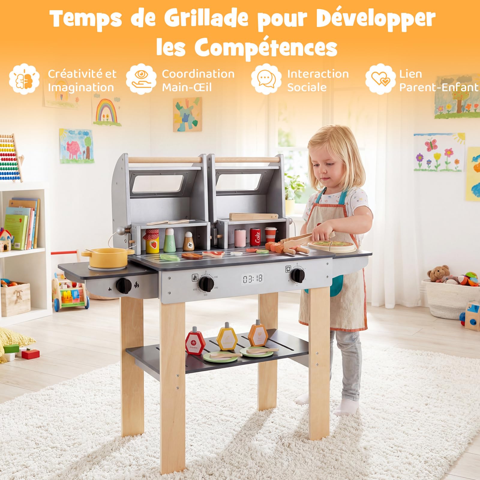COSTWAY Barbecue Enfant en Bois avec 19 Accessoires