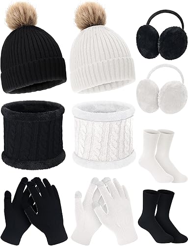 10 piezas de gorro de invierno, guantes de punto cálido, bufanda, guantes de pantalla táctil, orejeras, calcetines de forro interior de satén para