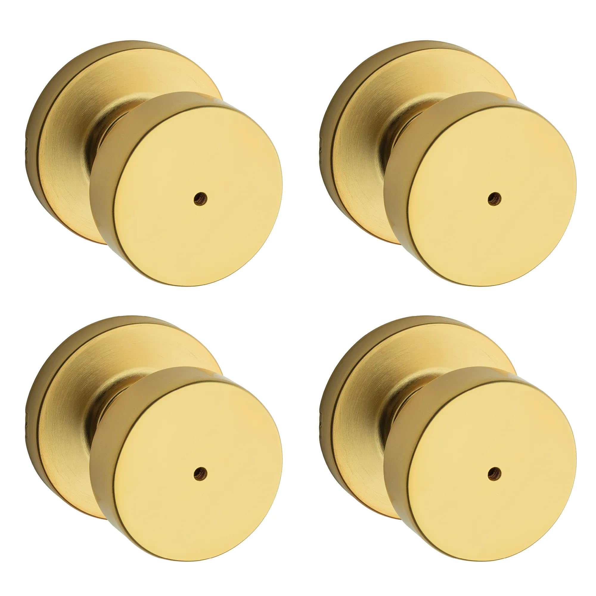 Kwikset Pismo Interior Round Privacy Door Knob with Lock, Door Handle for Bathroom and Bedroom, Satin Brass Keyless Push Button Lock Doorknob 4 Pack