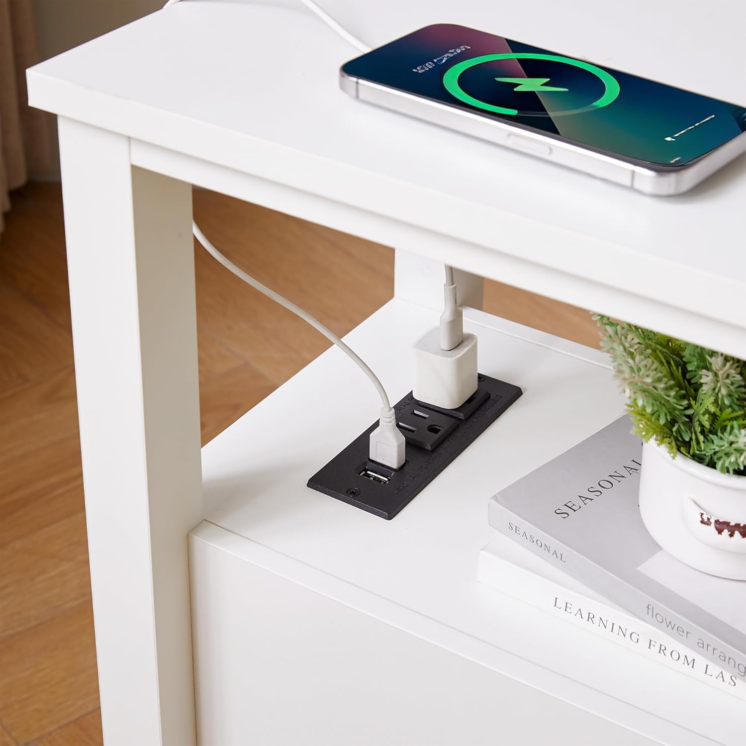 Charging End Table with 2 Storage Drawers, Narrow Side Table with USB Ports & Outlets, Small Bedside Table, Modern Nightstand, Wooden Accent Table for Living Room, Bedroom, White