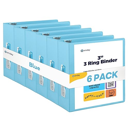 3 Slant D-Ring Binder 3 Inch Blue, 3 in Clear View Cover with 2 Inside Pockets Binder, Heavy Duty Colored School Supplies Binders,Also Available in Green, Grey, Purple, Red, Pink (6 PC) – by Enday - 3-Inch - 6 - Blue