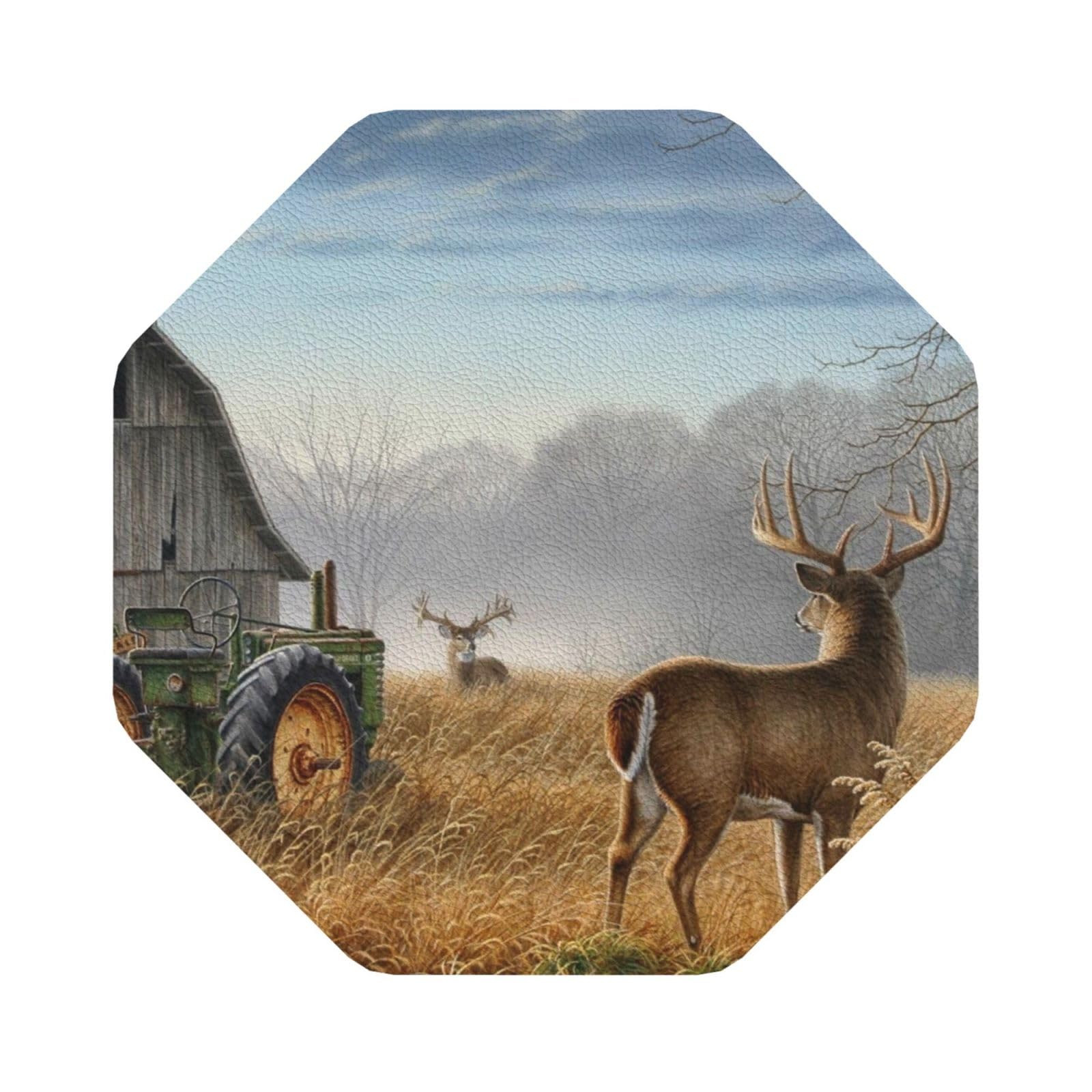 Farm with deer PU Leather Coasters Set of 6 Octagon Drink Coasters