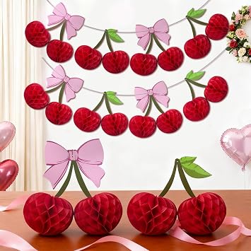 AerWo 8PCS Cherry Birthday Decorations, 2 Styles 12-Inch Paper Honeycomb Cherry Decor, DIY Paper Fruit Decor Kit for Baby Shower, Summer Party, Table & Ceiling Decoration Bow & Leaf