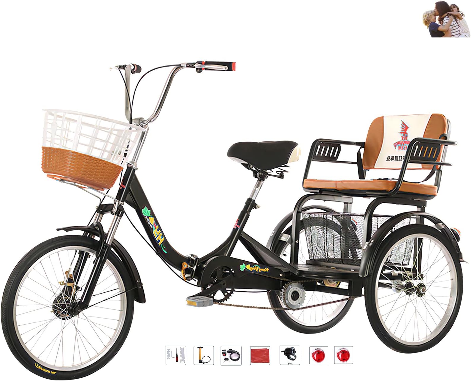 VHCLYBJU Adult Folding Tricycle 20 inch 3 Wheel Bike for Ladies Tricycle with Child seat Enlarge The Rear Basket 2 Seater Bicycle for Adults Maximum Load 440 lbs Shock-Absorbing Fork + Double Chain