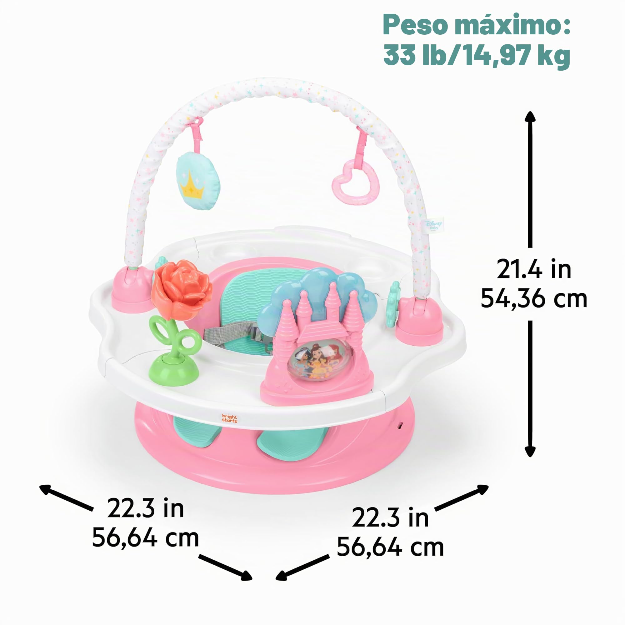Bright Starts, SuperSeat Disney Princesas, Silla para Bebés para Sentarse, Jugar y Comer, Rosa, Para 4 Meses a 4 Años