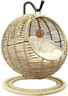 Vida Vistoso Hand-Woven Cat Bed Hanging Basket Swinging Pet House for Indoor Outdoor Hand Made Wicker Rattan Cat Sleep Hammock with Removable Cushion Cat Nest Basket Khaki