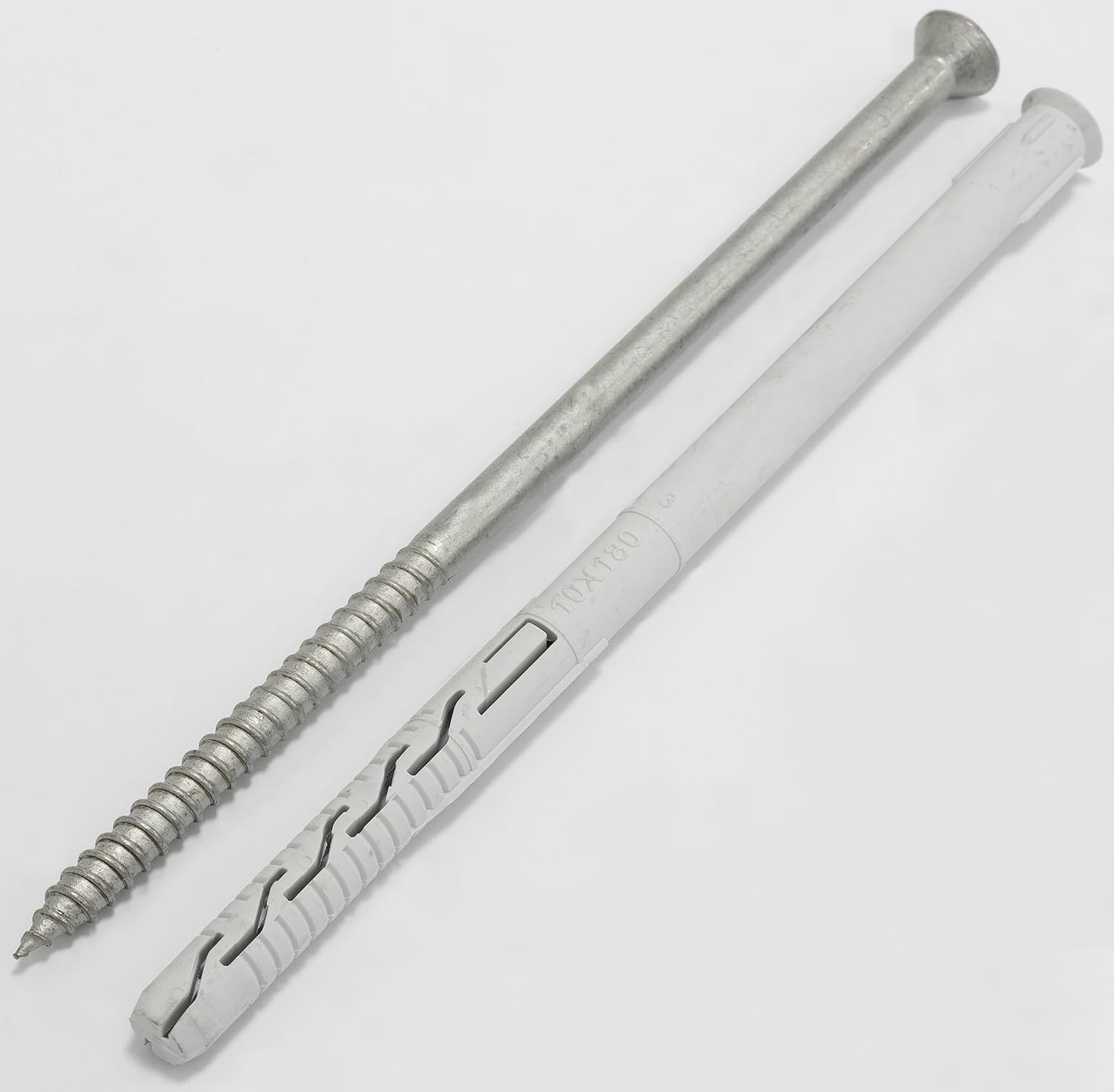 AERZETIX - C67127 - Set of 10 plastic dowels diameter 10 x 180 mm with bevelled flange + 10 screws Ø7 x 185 self-tapping countersunk head with star imprint TX40 - concrete brick drilling fastening